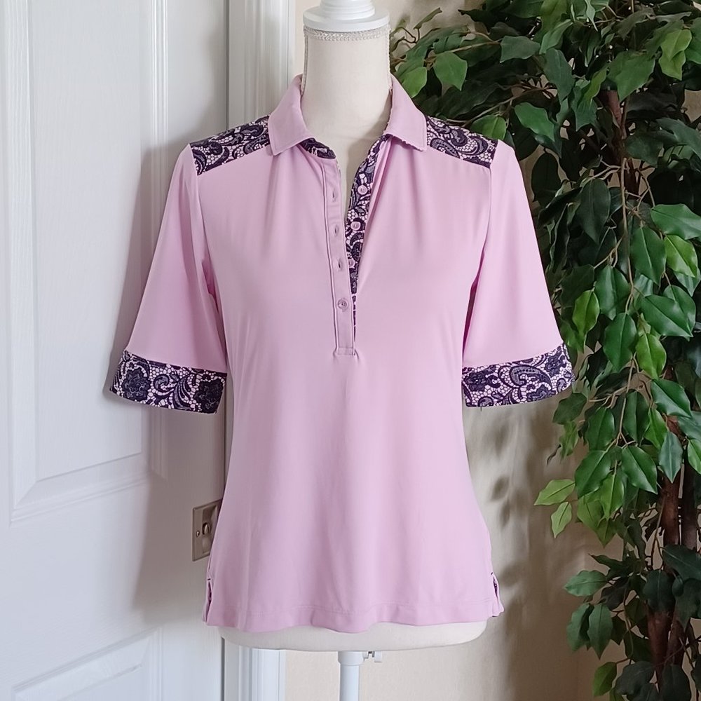 EUC Fairway & Greene UPF 50+ Sun Protection Pink/Black Polo Shirt Size Small